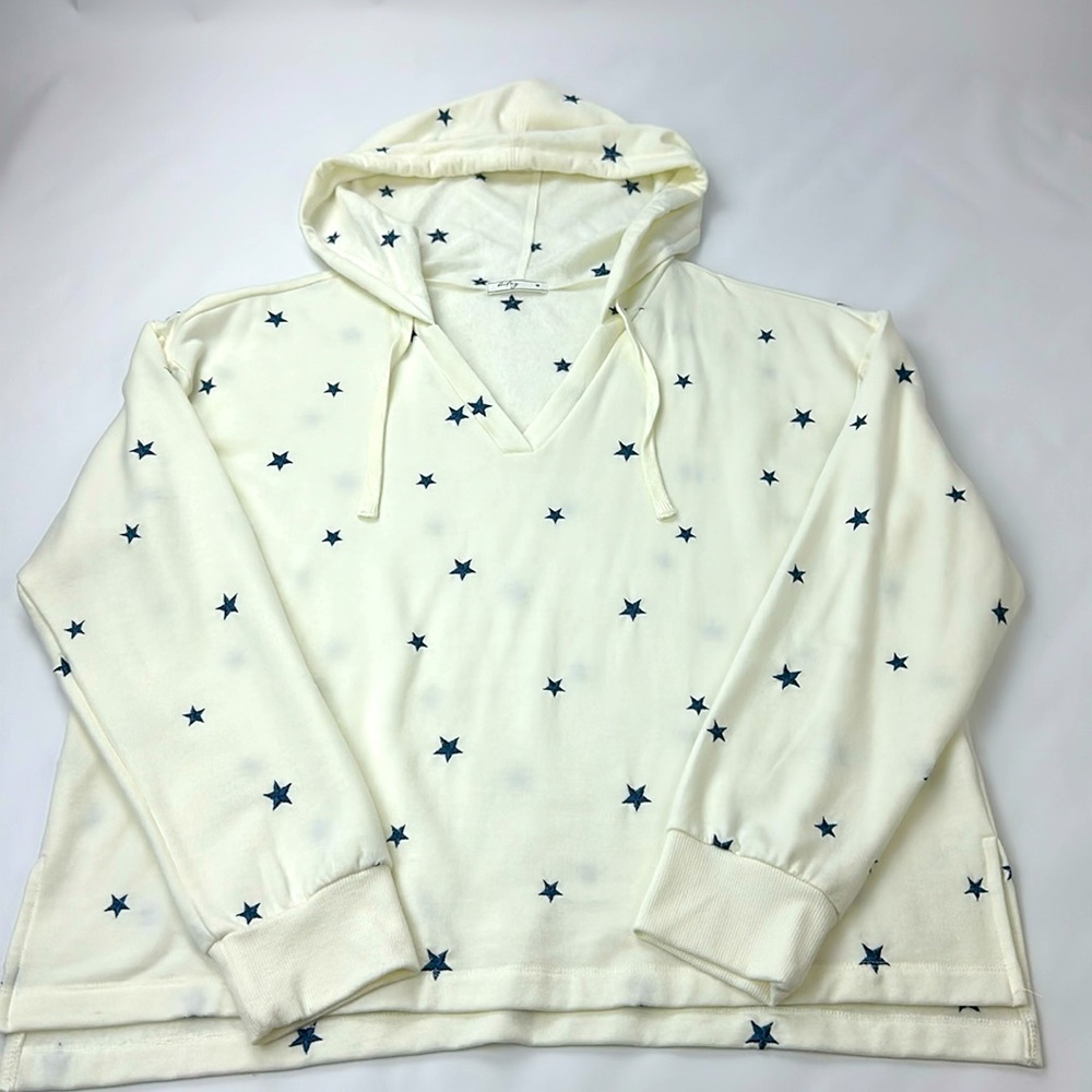 Britney Hoodie with Embroidered Blue Stars on Cream Background. Super Soft. Med.